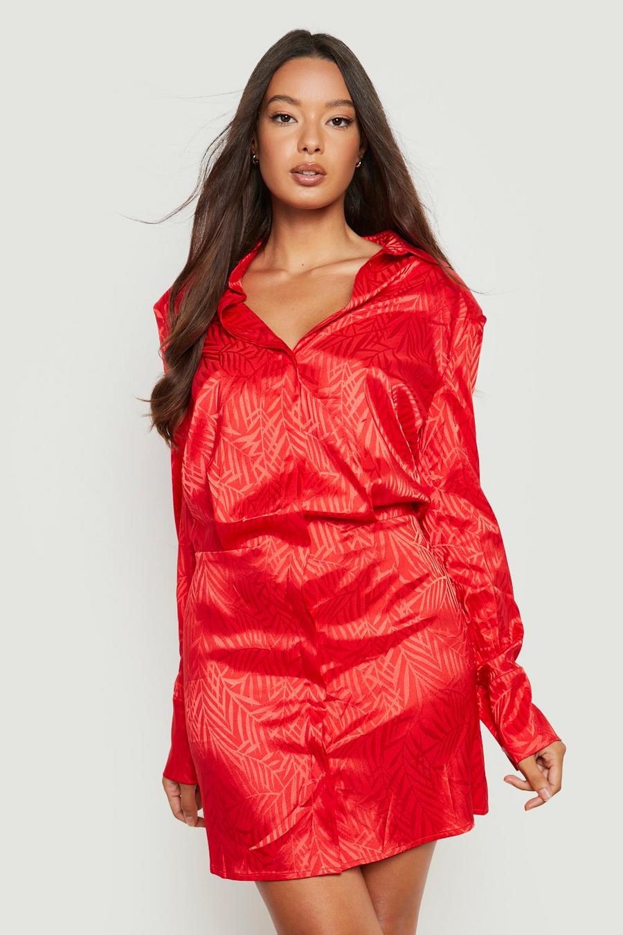 Red Jacquard Satin Shoulder Pad Shirt Dress image number 1
