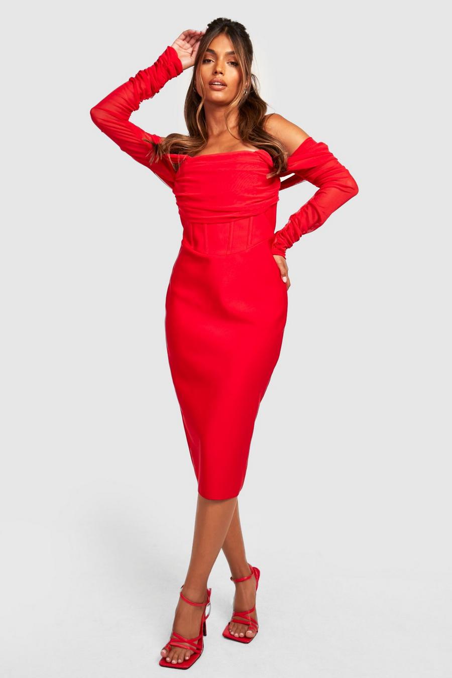 Red rosso Mesh Corset Bandage Midi Dress image number 1