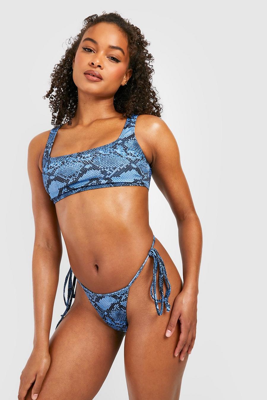 Mid blue Ormskinnsmönstrad bikini med knytdetalj image number 1