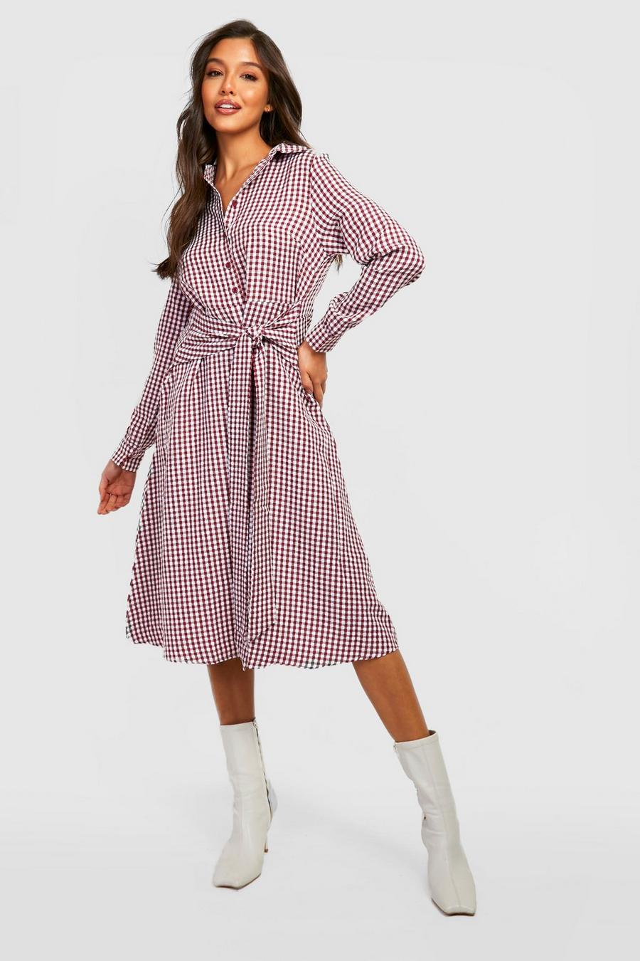 Berry red Gingham Wrap Midi Shirt Dress image number 1