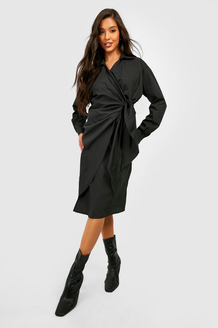 Vestido camisero midi de algodón popelina cruzado, Black image number 1