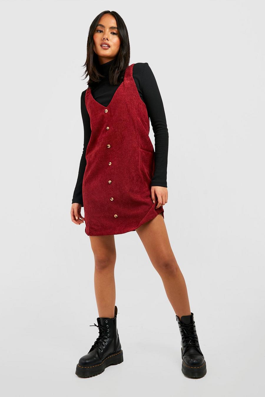 Berry red Cord Button Down Jumper Dress