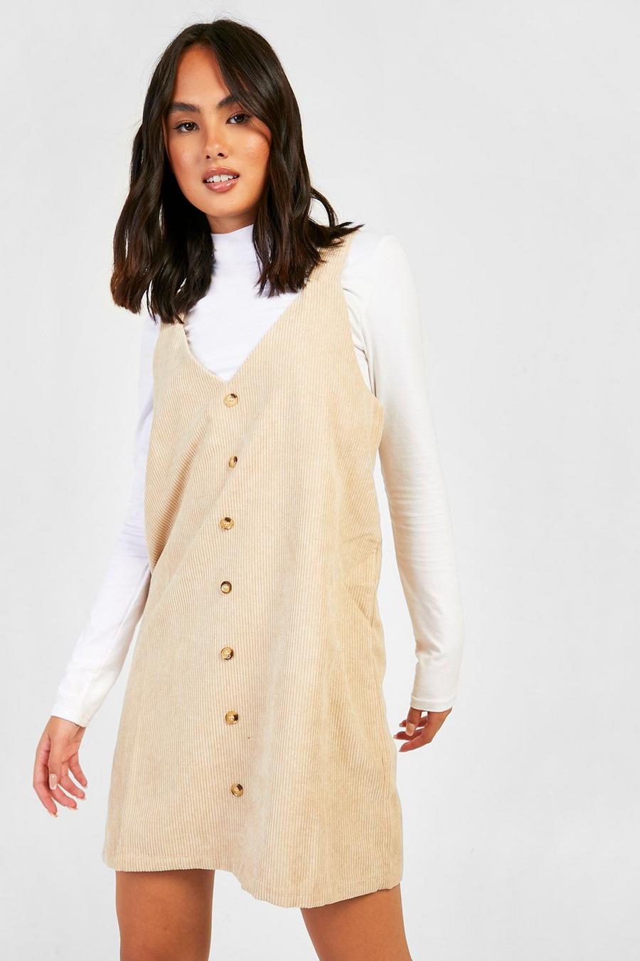 Stone beige Cord Button Down Pinafore Dress