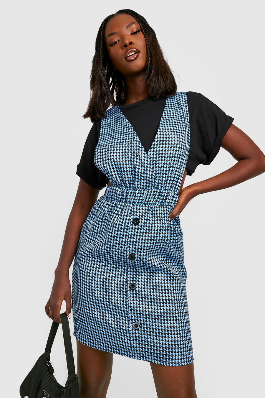 Blue Woven Dogtooth Button Down Pinafore Dress image number 1