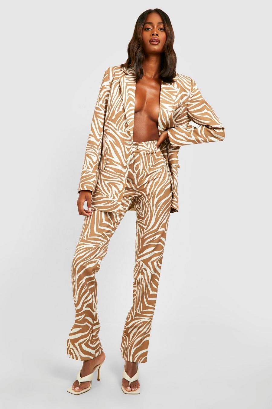 Camel beige Tonal Zebra Slim Fit Split Front Trousers image number 1