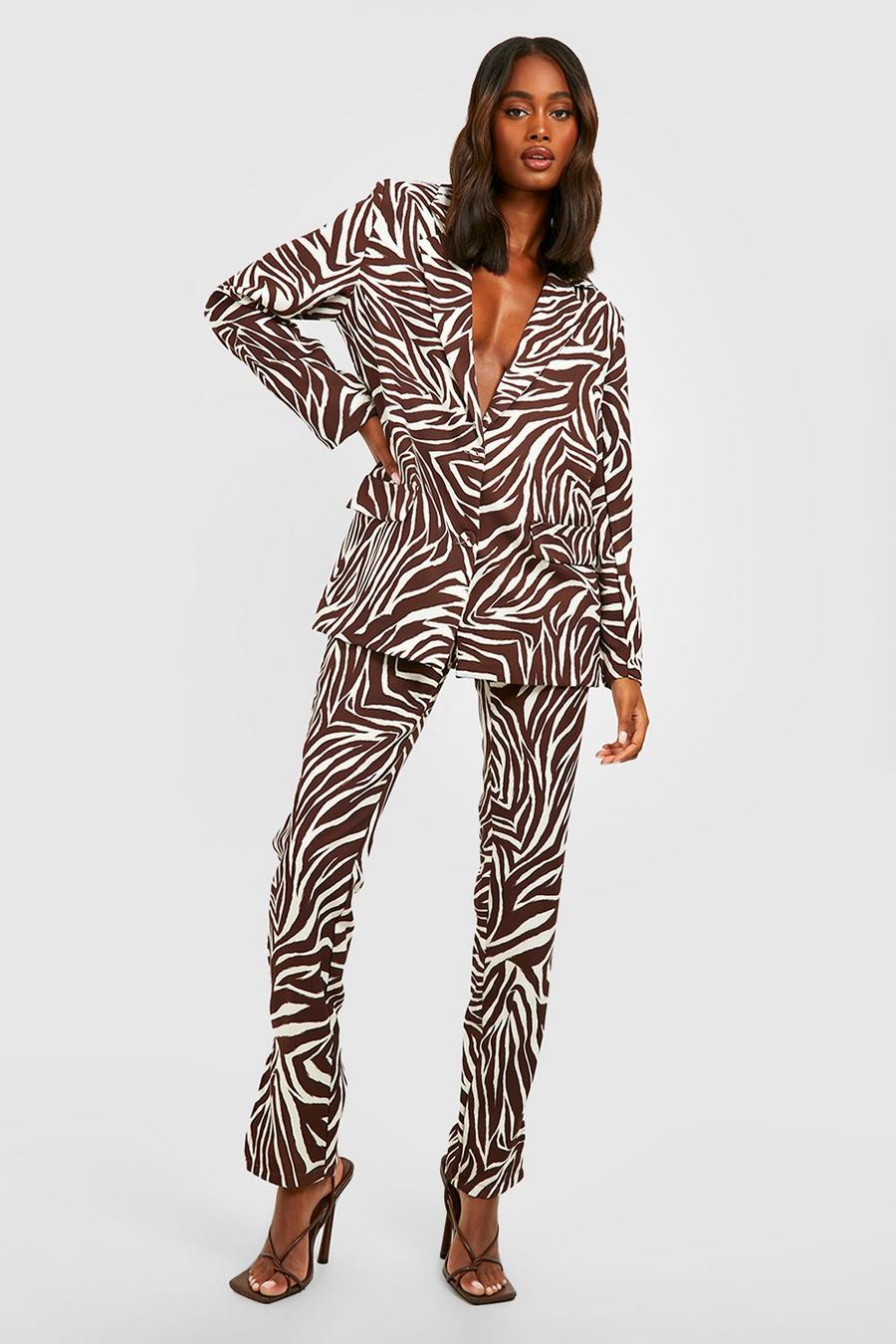 Chocolate brown Tonal Zebra Slim Fit Split Front Pants
