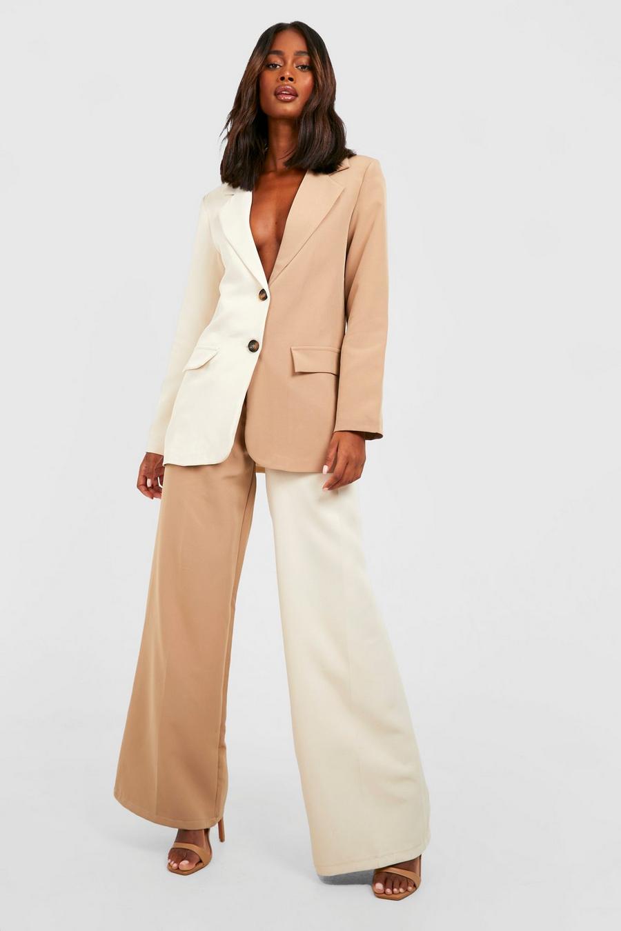 Ecru Colour Block Wide Leg Tailored Trousers  image number 1