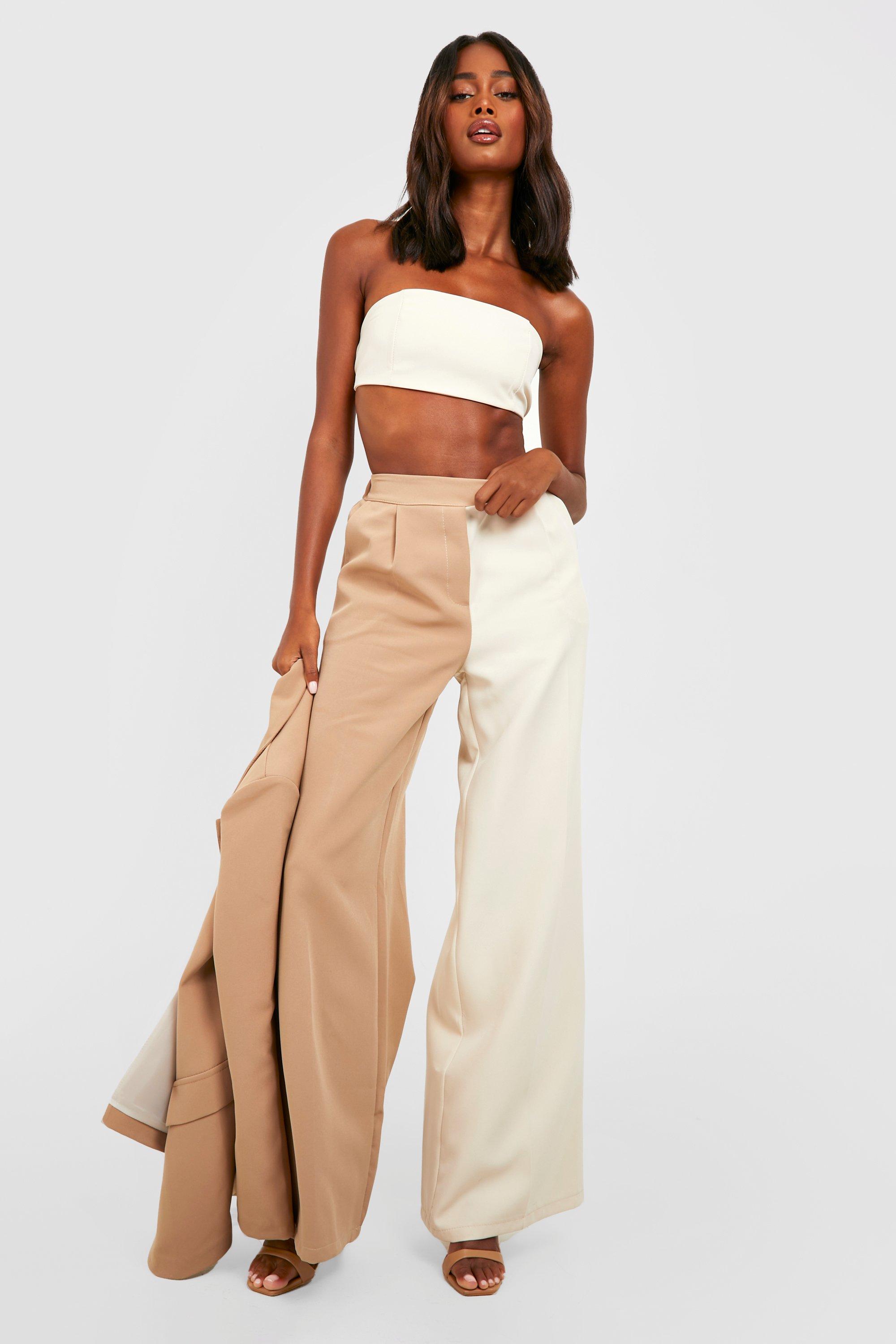 Colour Block Waist Band Wide Leg Trousers