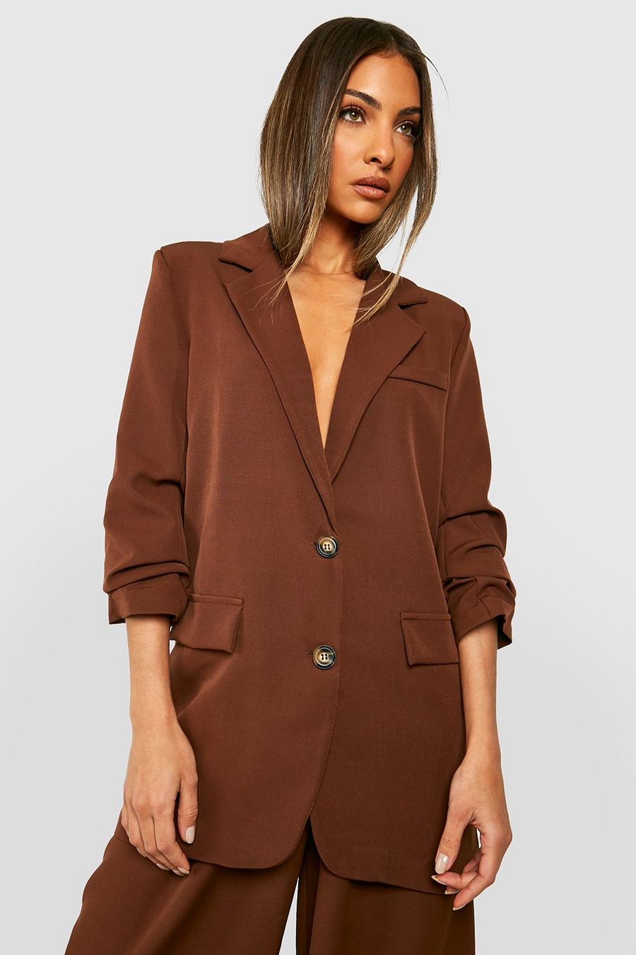 Chocolate brown Mock Horn Ruched Sleeve Blazer