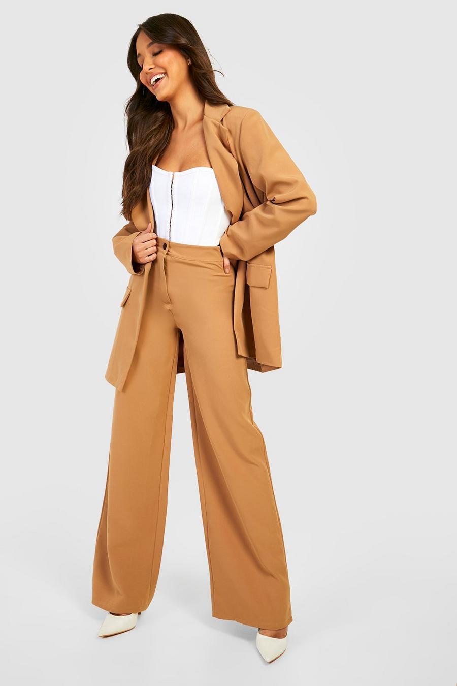 Camel Contrast Button Wide Leg Tailored Pants image number 1