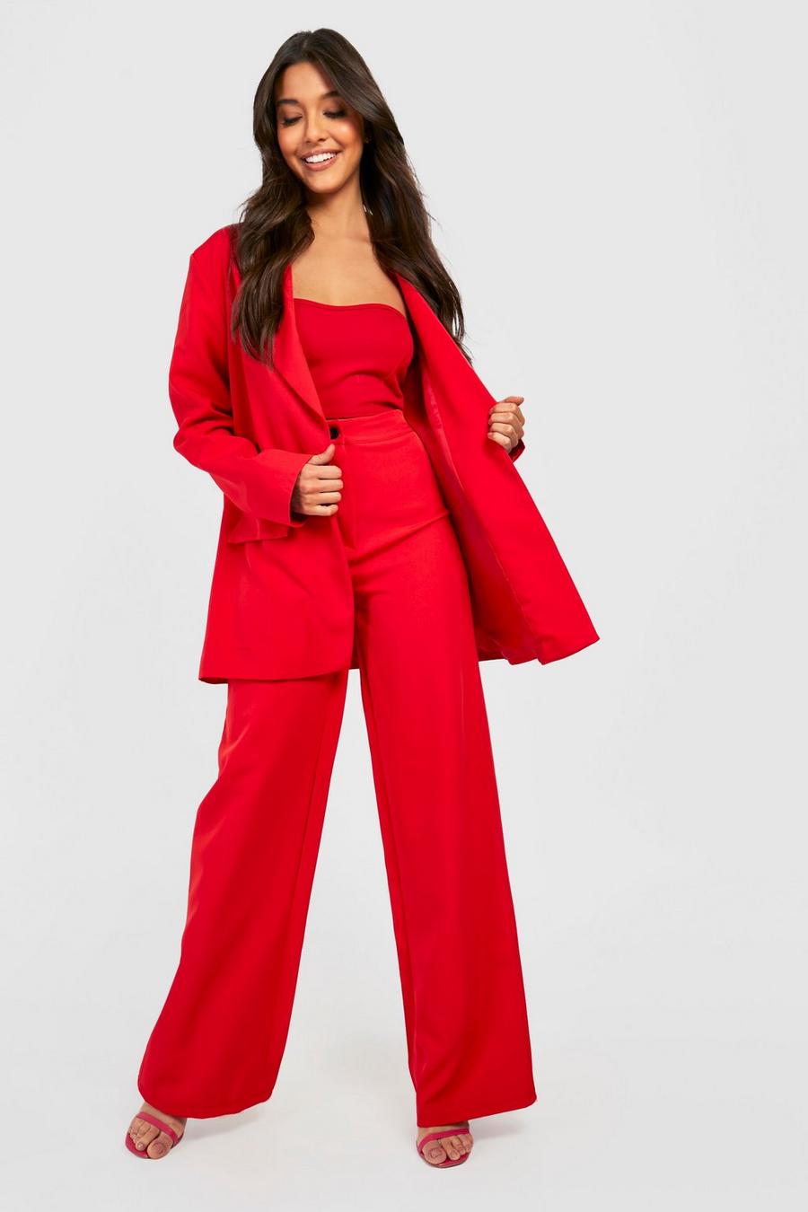 Red röd Contrast Button Wide Leg Tailored Trousers