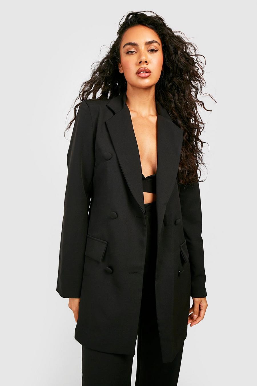 Black Colour Pop Longline Double Breasted Blazer image number 1