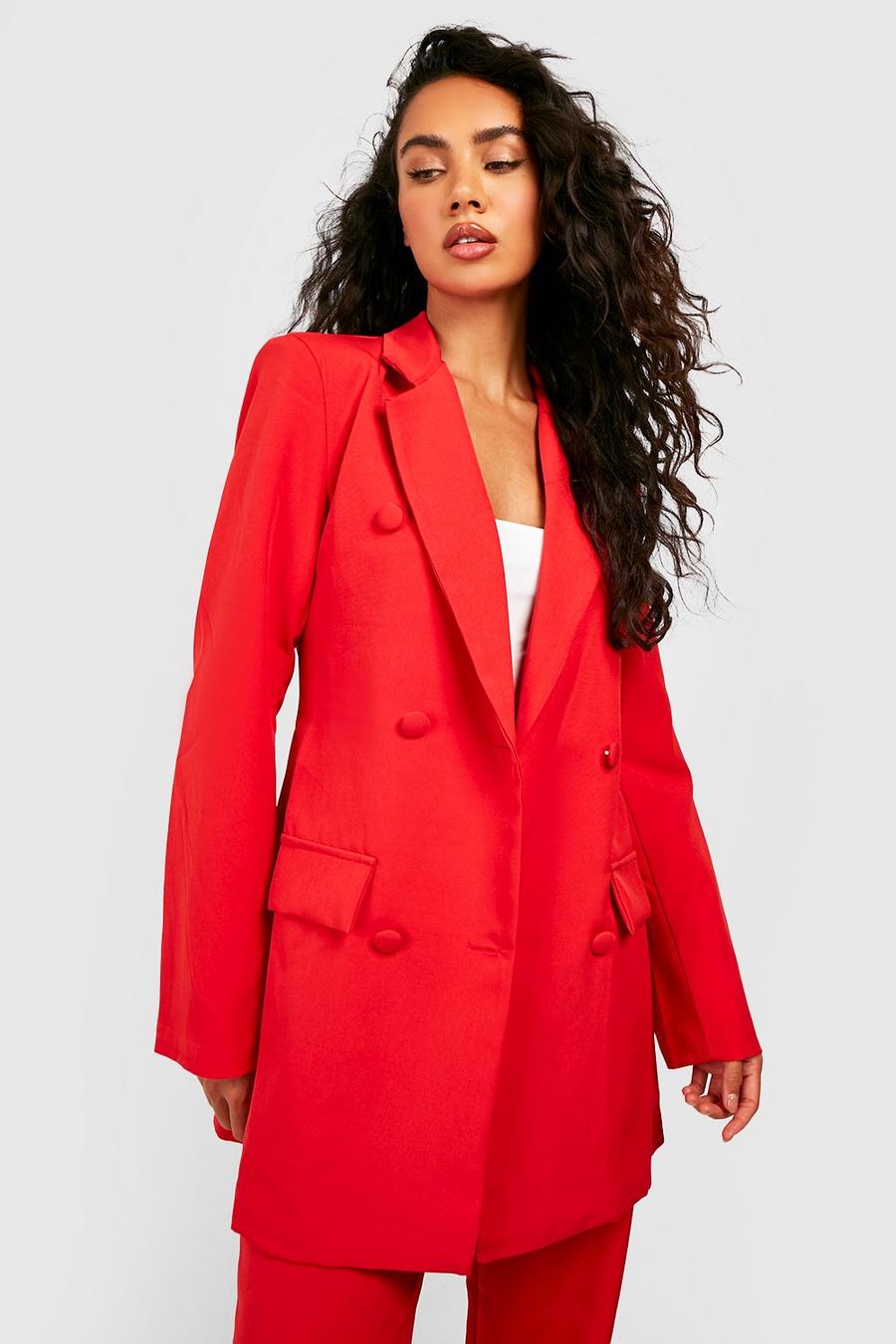 Red Color Pop Longline Double Breasted Blazer image number 1