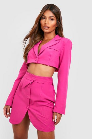 Button Detail Curved Hem Tailored Mini Skirt bright pink