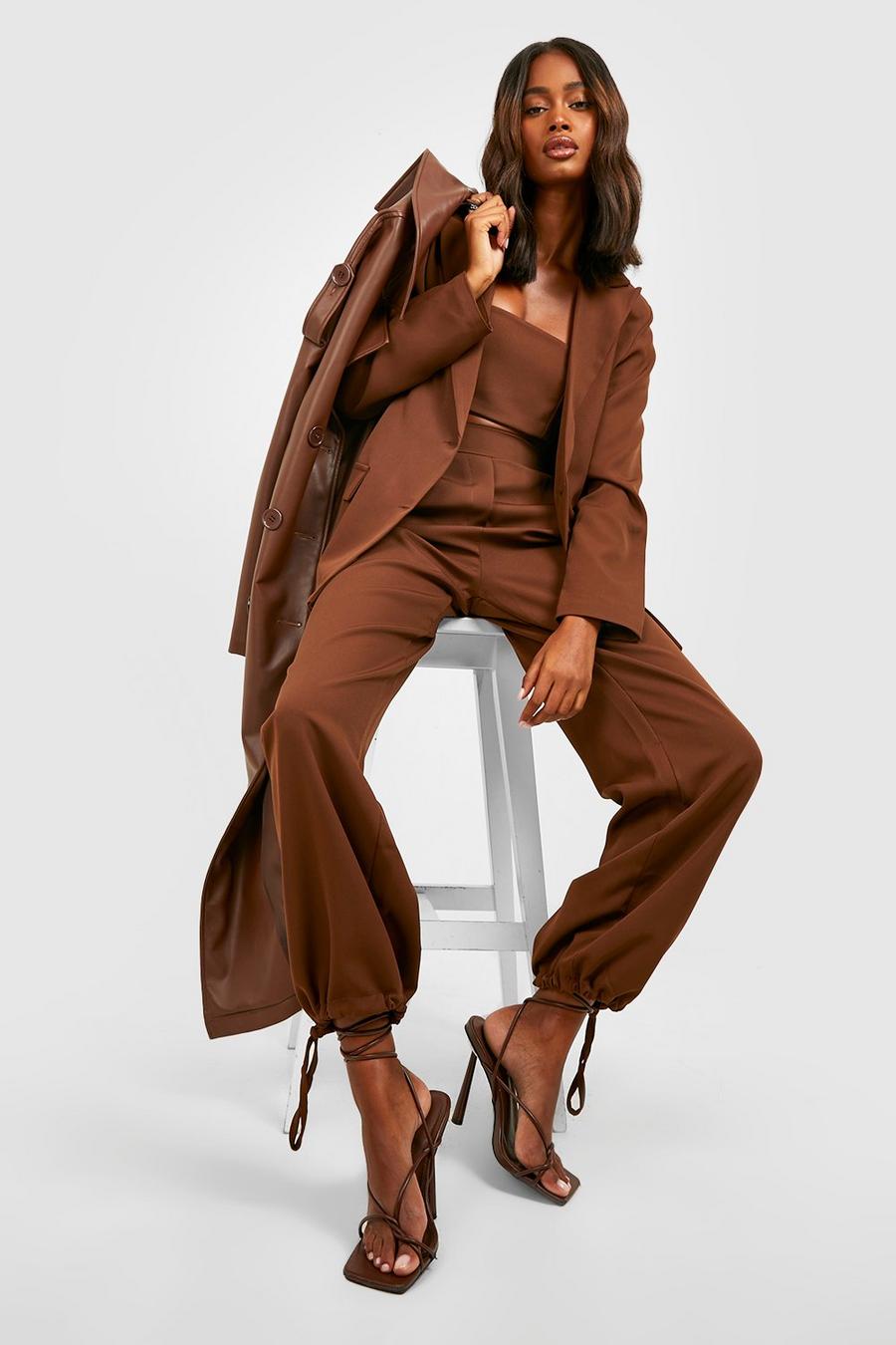Chocolate brown Tie Cuff Tailored Relaxed Fit Joggers image number 1