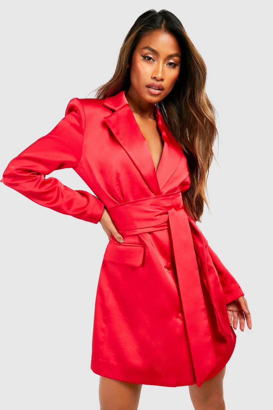 Red Premium Satin Obi Tie Waist Blazer Dress image number 1