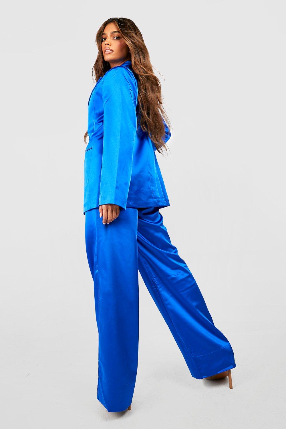 Blue Satin Wide Leg Trousers