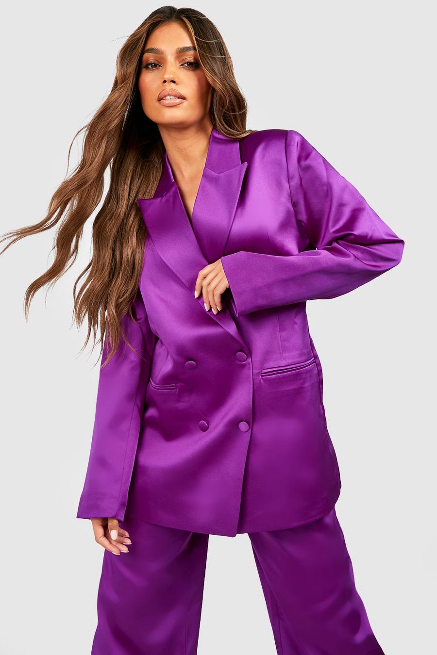 Zweireihiger Premium Satin-Blazer, Jewel purple violett