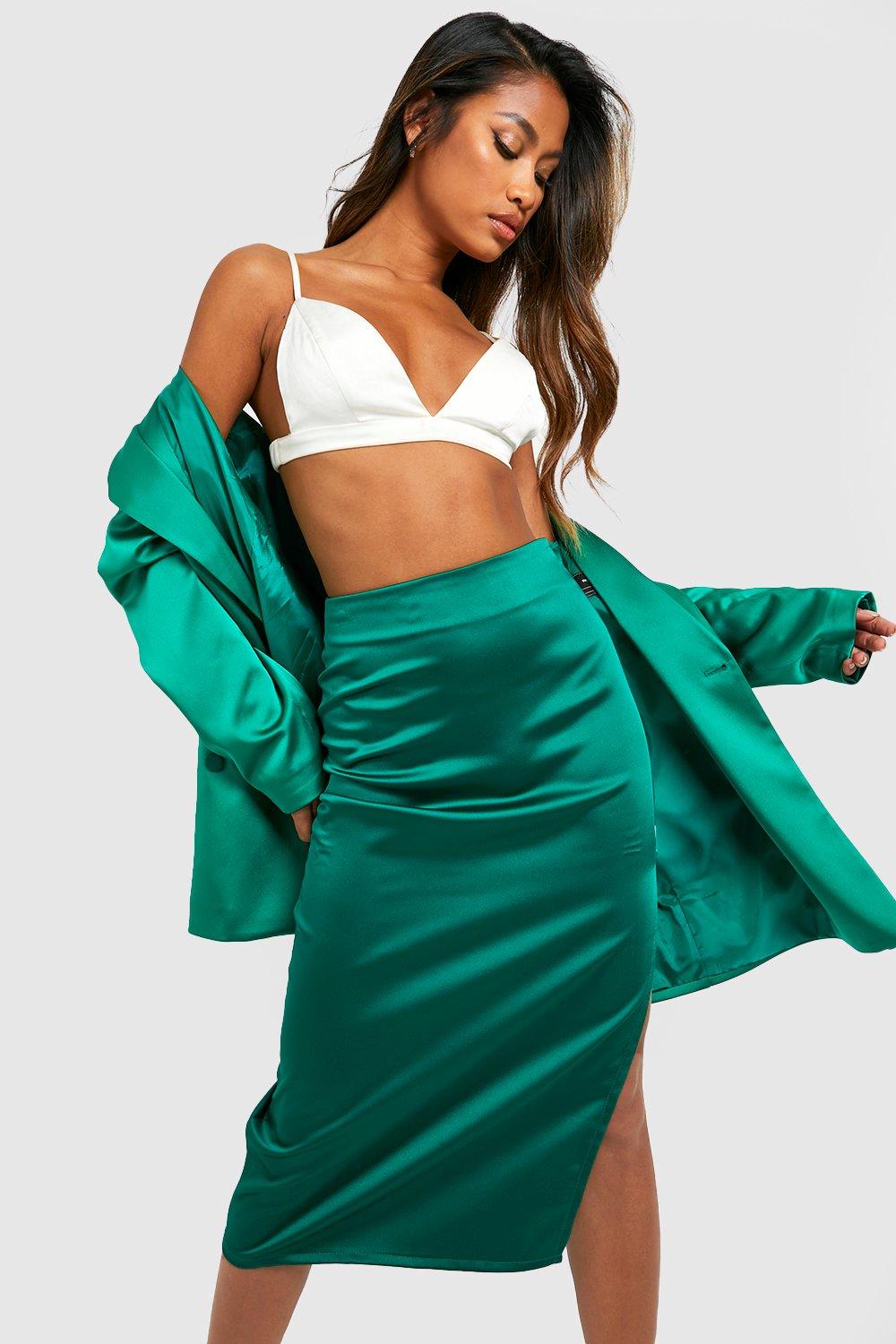 Emerald satin outlet midi skirt