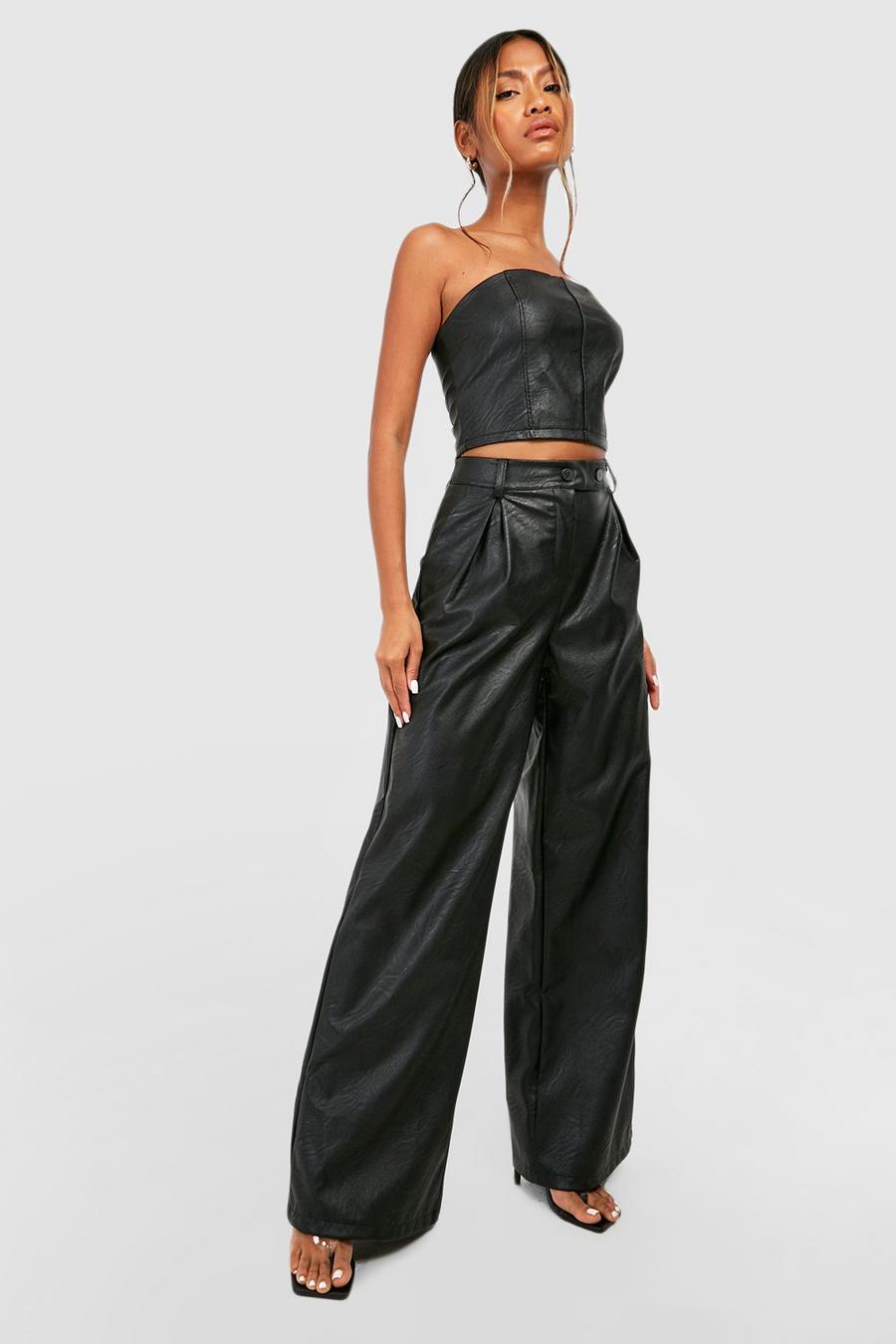 Black Leather Look Contrast Button Wide Leg Pants image number 1