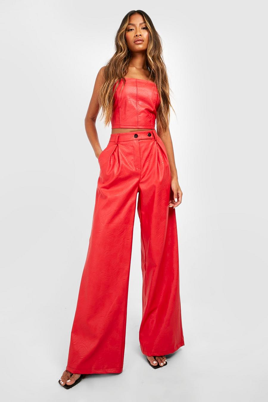 Red Faux Leather Contrast Button Wide Leg Pants image number 1