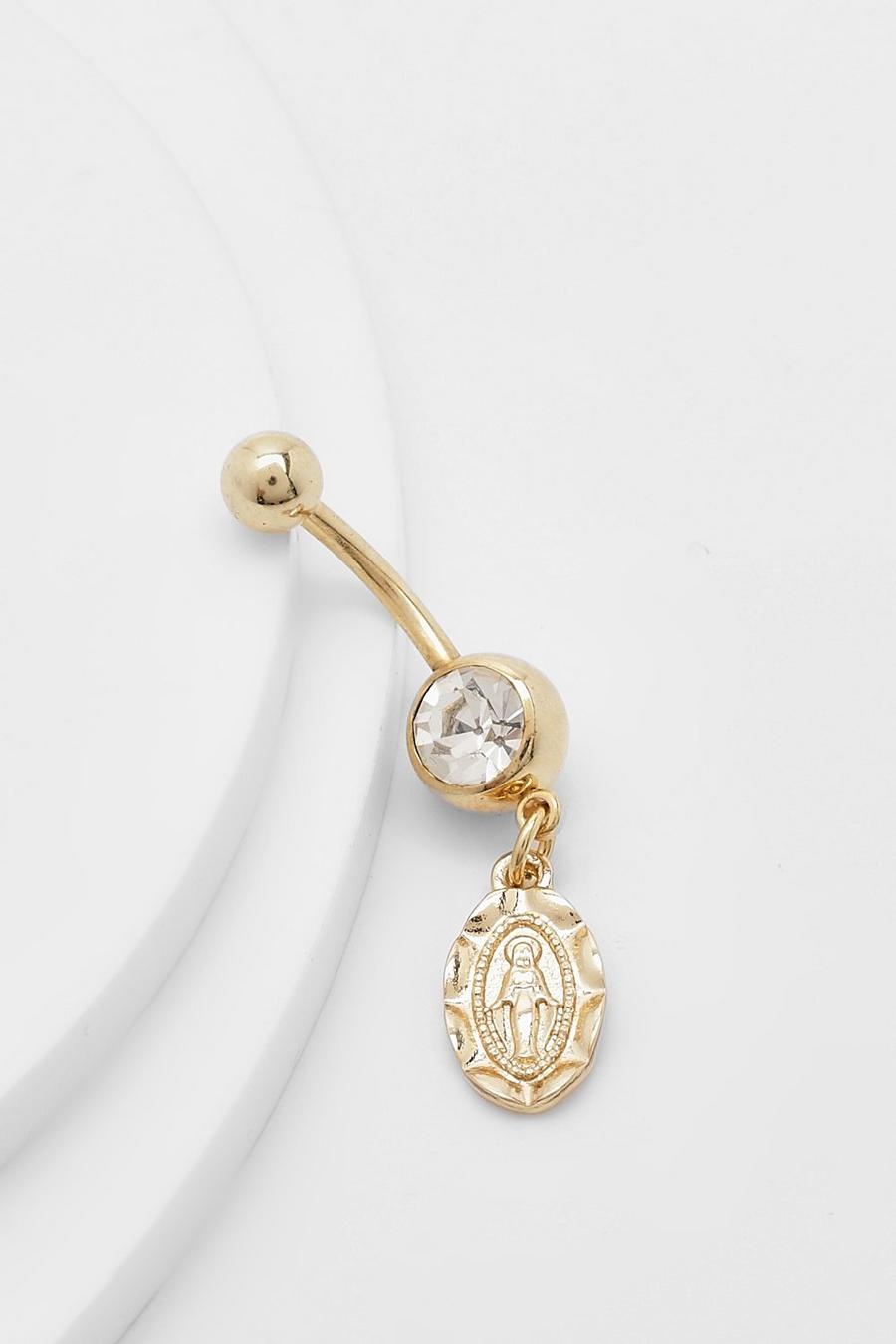 Gold Saint Embossed Clear Stone Drop Belly Bar image number 1