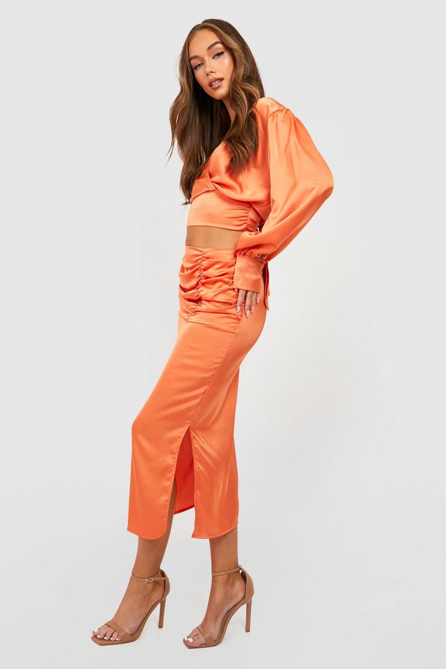 Burnt orange Ruched Thigh Split Satin Midi Skirt
