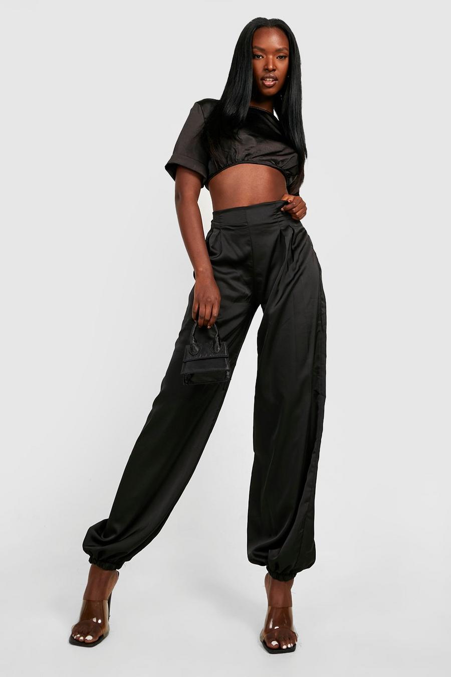 Black Luxe Satin Cargo Track Pants image number 1