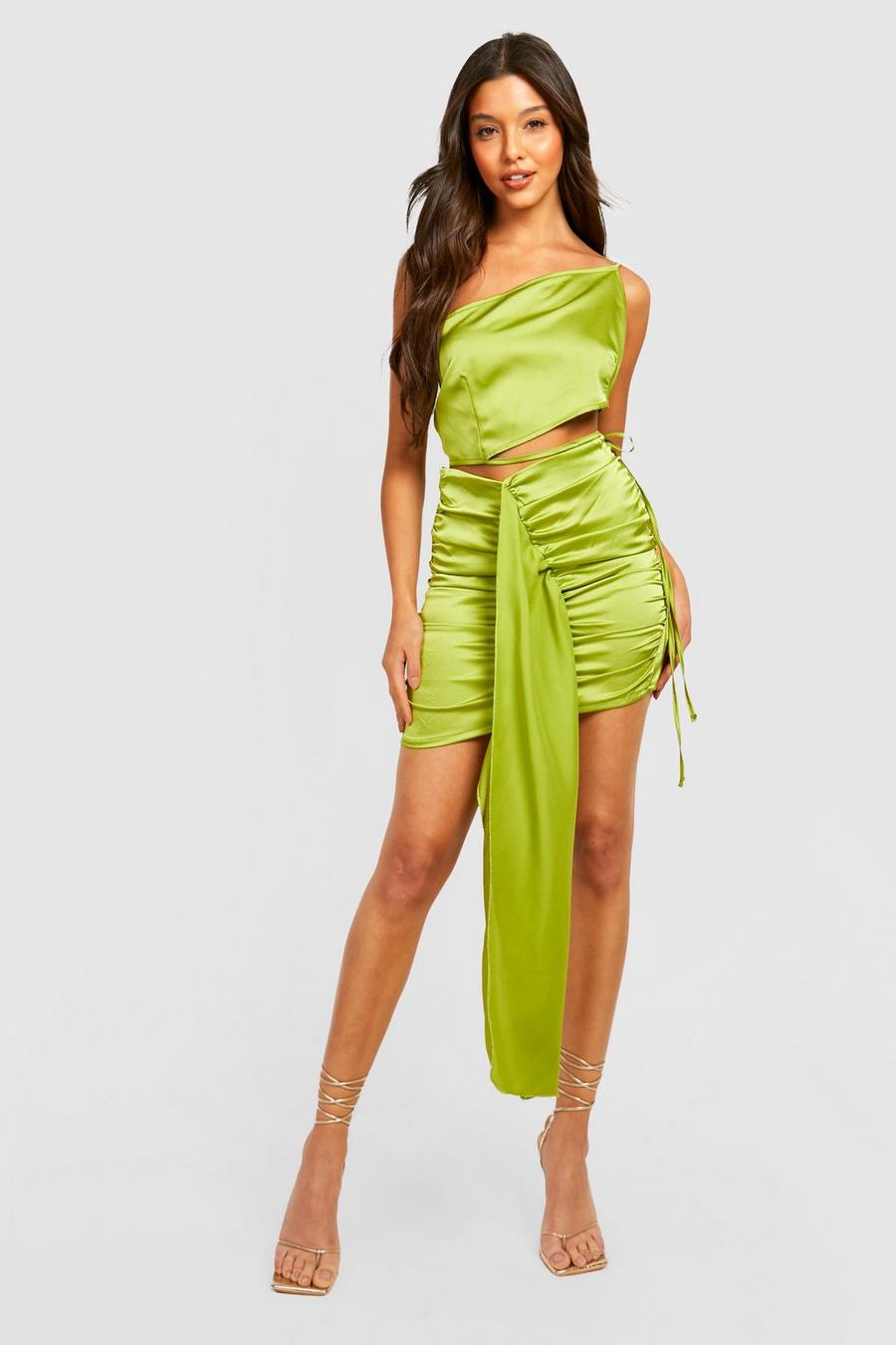 Green olive Ruched Drape Mini Skirt image number 1