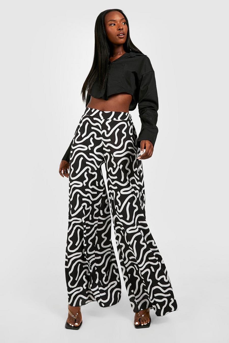 Black Extreme Wide Leg Wave Printed Trousers image number 1