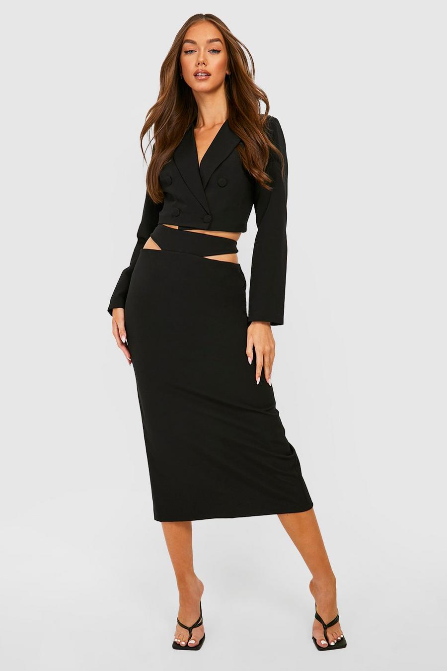 Black Cut Waist Tailored Midi Skirt image number 1