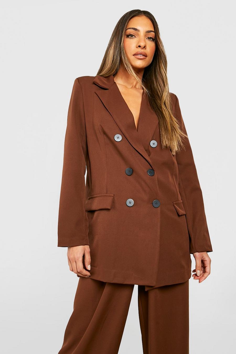 Chocolate Contrast Button Double Breasted Blazer image number 1
