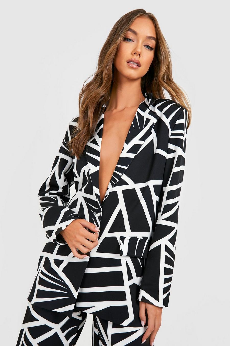 Black Mono Abstract Print Relaxed Fit Blazer image number 1