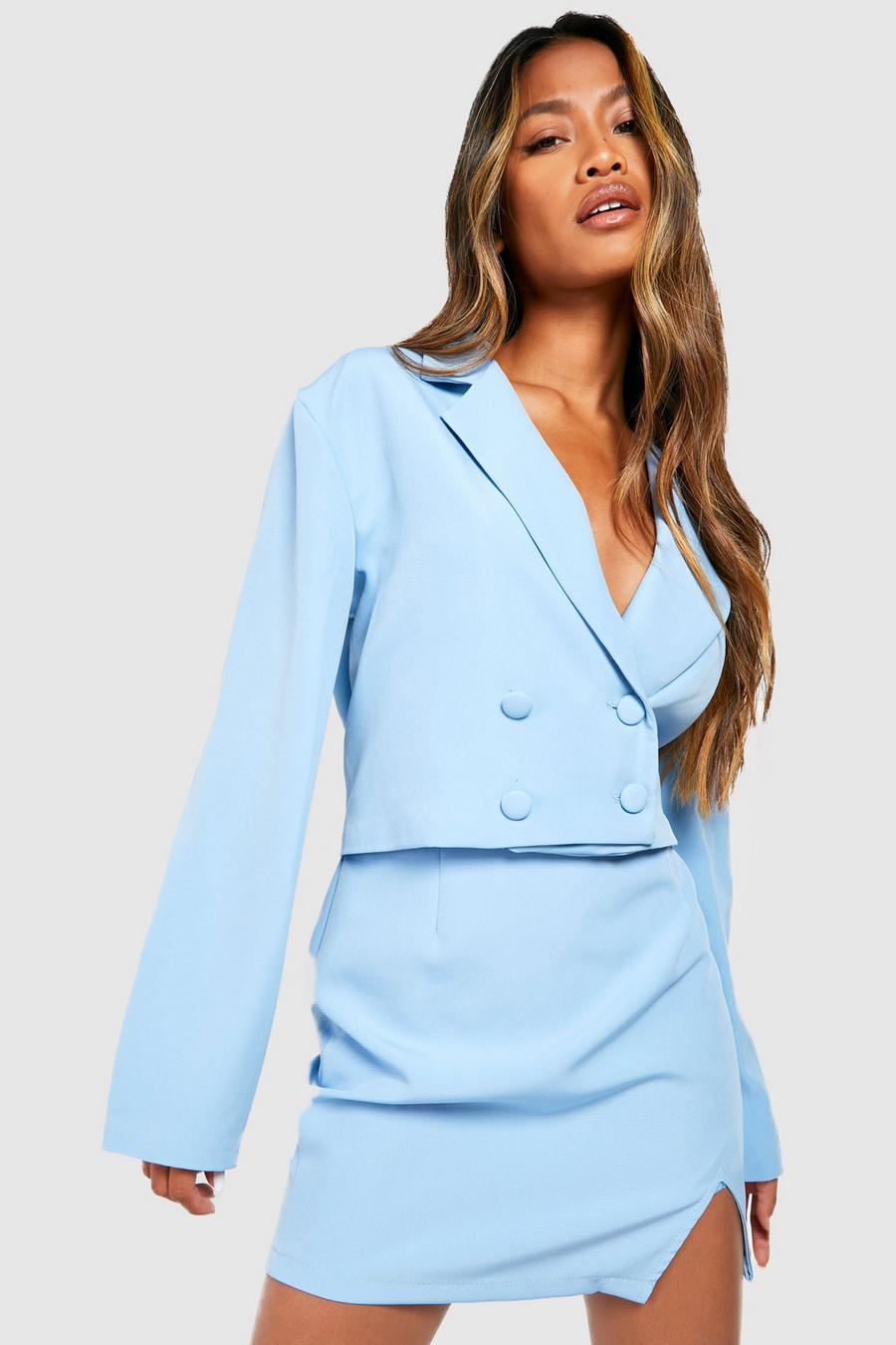 Powder blue Double Breasted Cropped Blazer image number 1