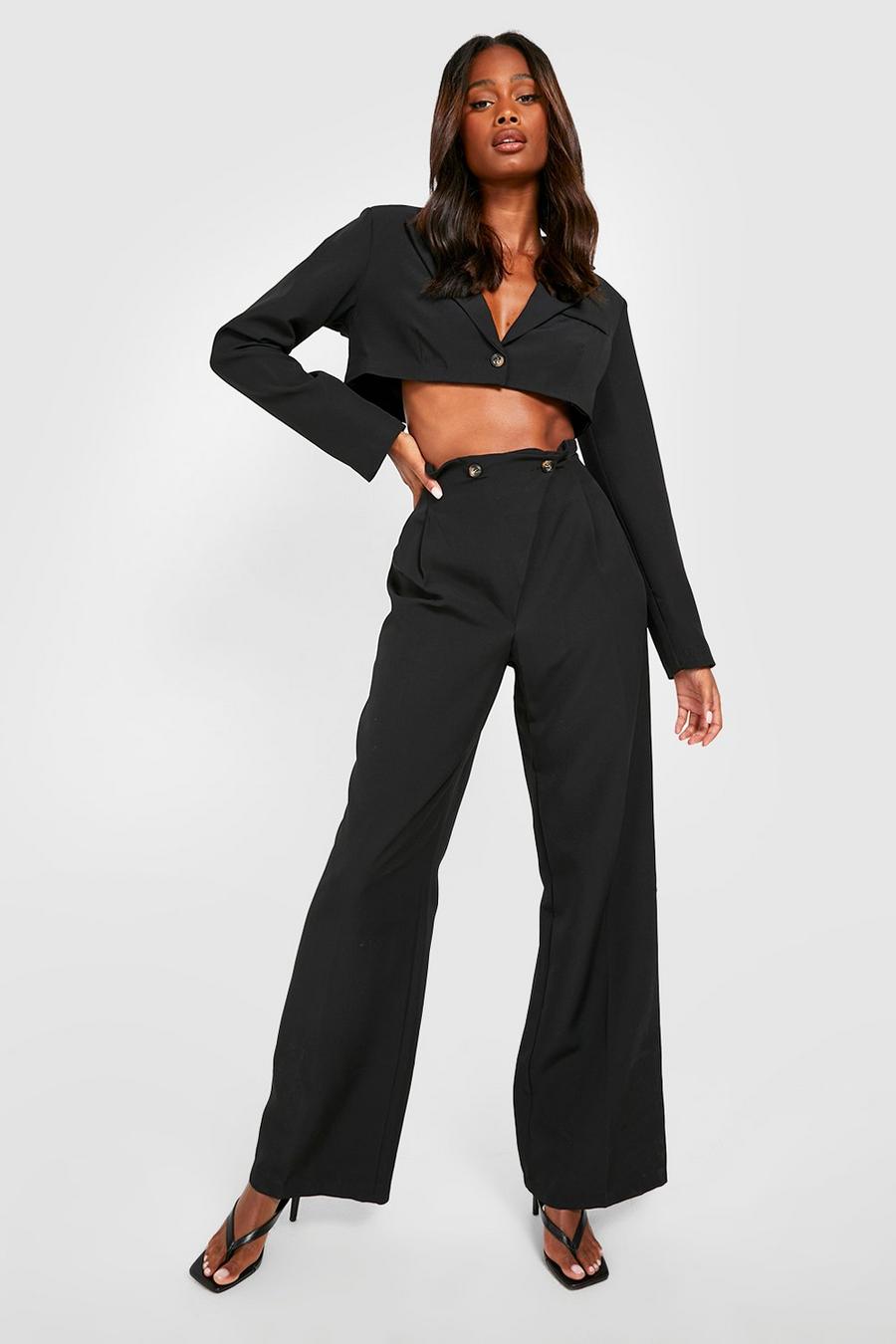 Black Wrap Waist Wide Leg Tailored Trousers  image number 1