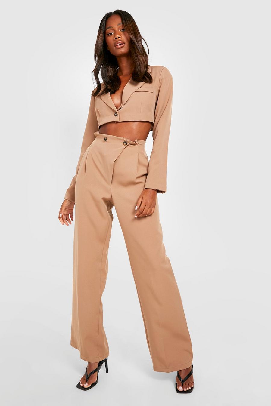 Camel Wrap Waist Wide Leg Tailored Trousers  image number 1