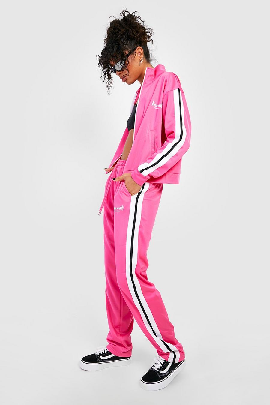Hot pink Tricot Tape Detail Zip Through Tracksuit