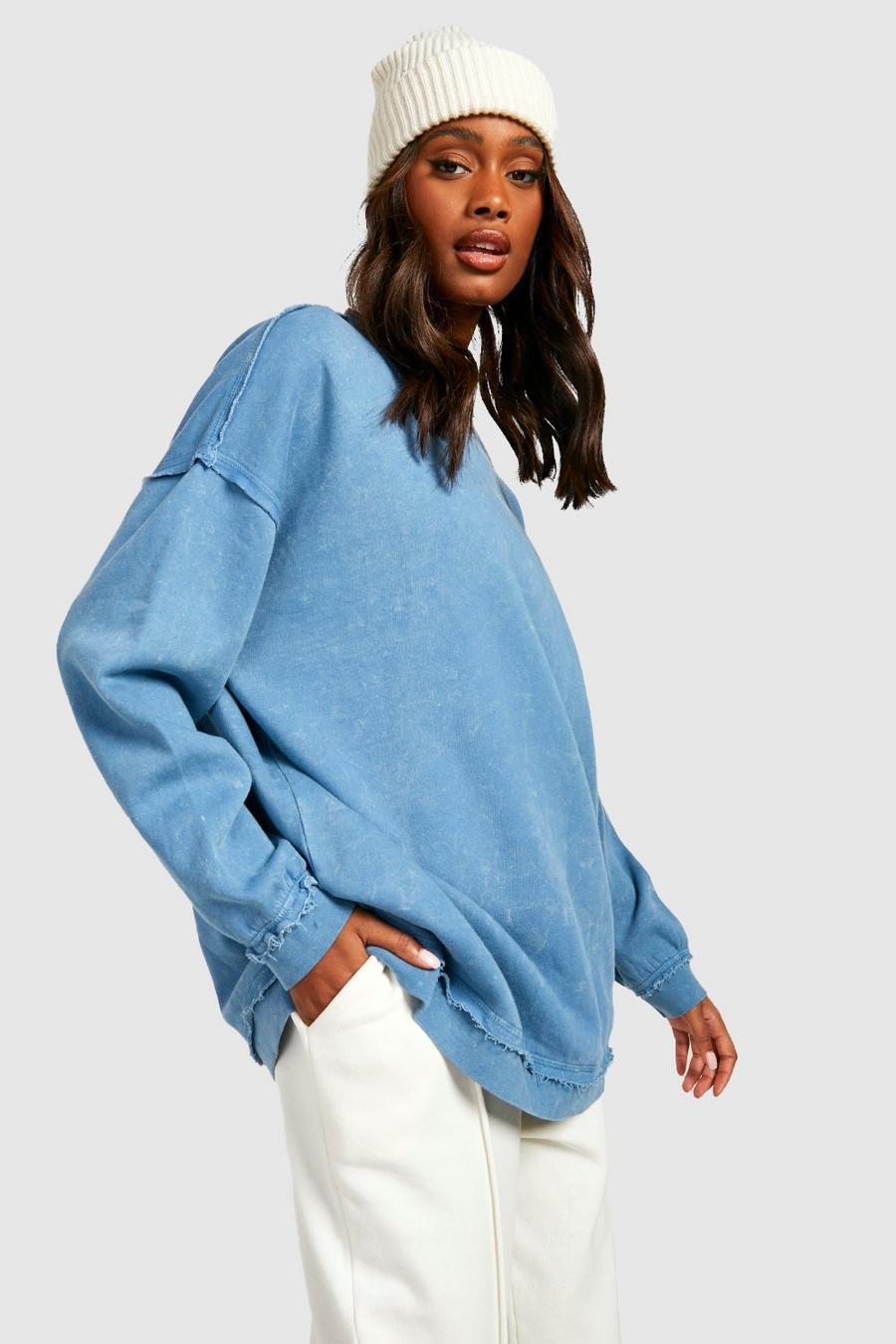 Teal Washed Distressed Oversized Sweater  image number 1