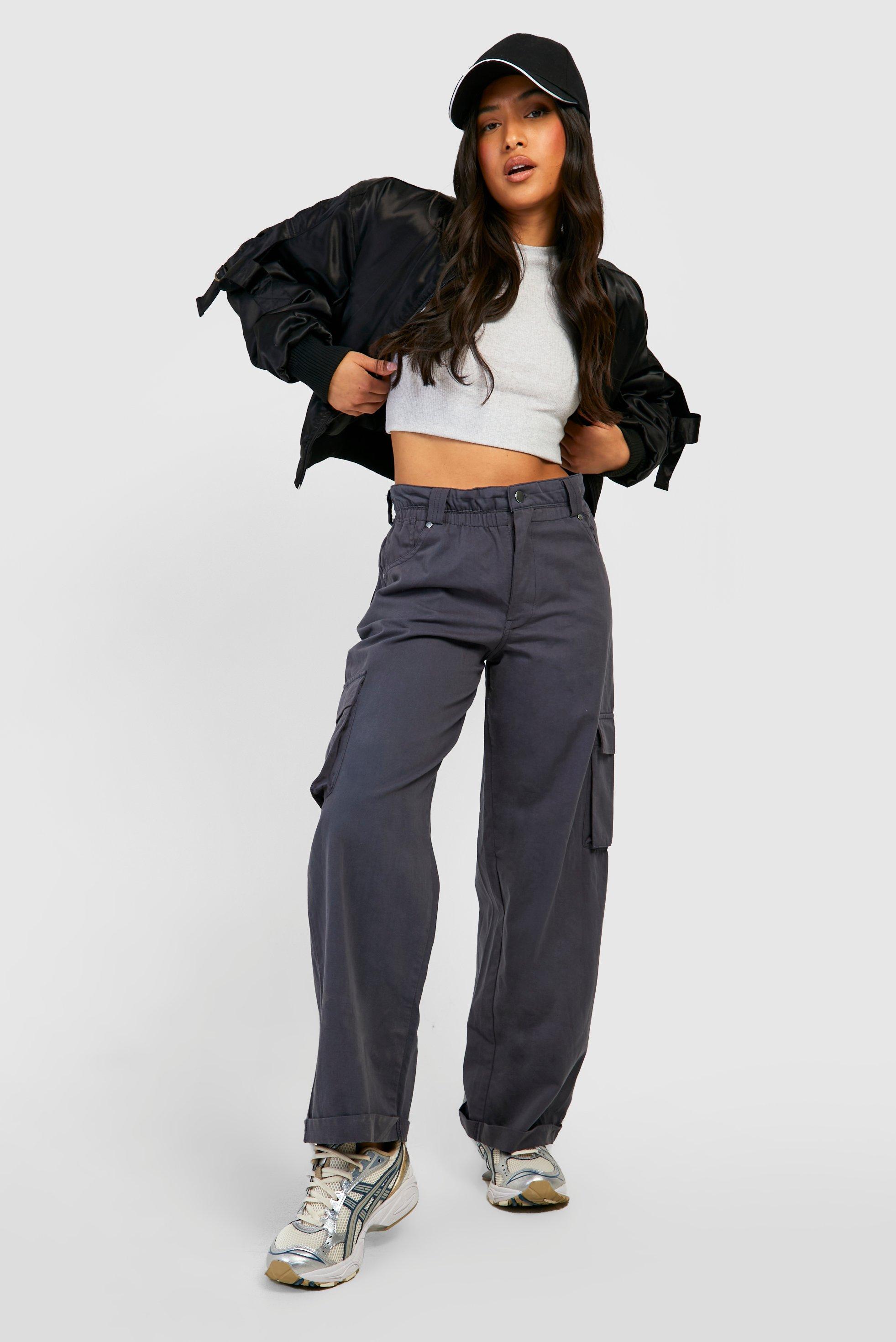 Boohoo Petite Folded Waistband Relaxed Fit Cargo Trousers in White