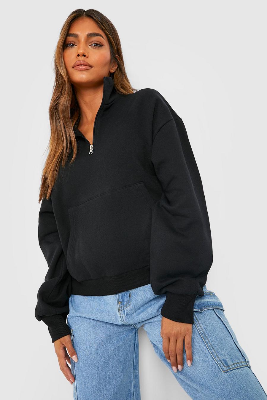 Black Kangaroo Pocket Half Zip Sweater