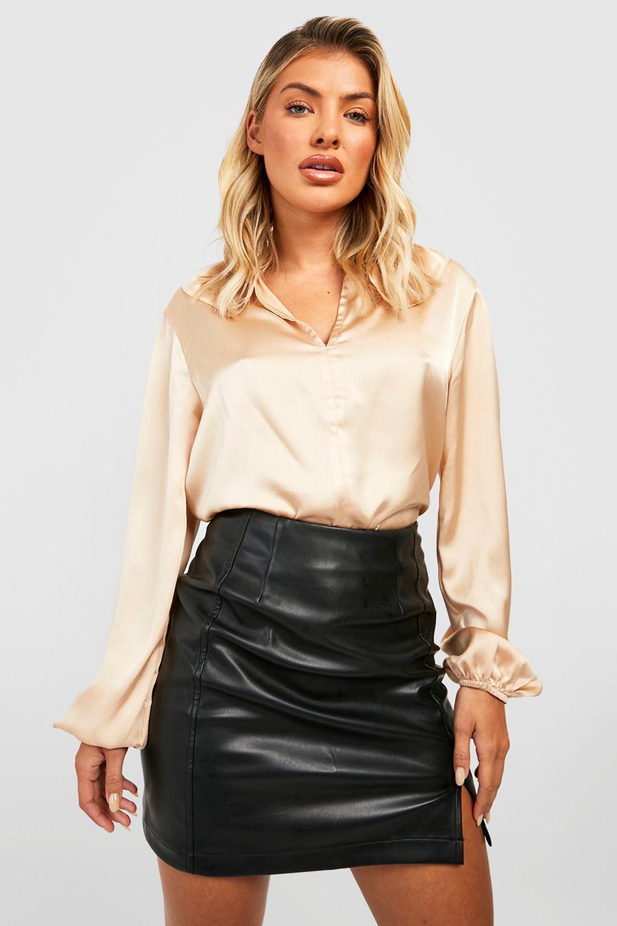 Champagne Textured Satin Collared Blouse image number 1
