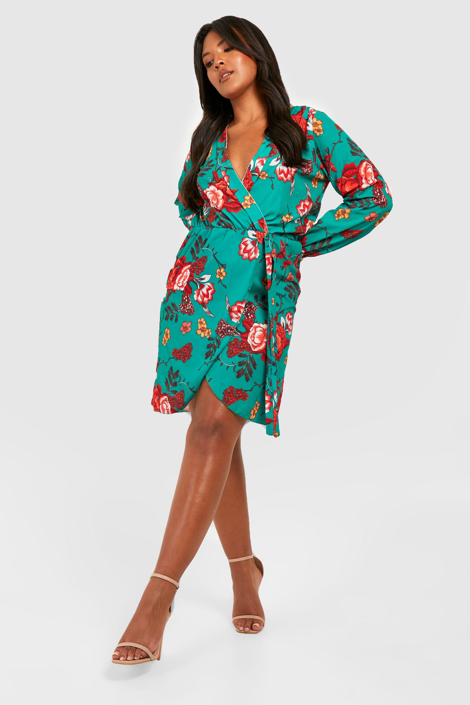 boohoo Womens Plus Floral Ruffle Wrap Dress - Green 12