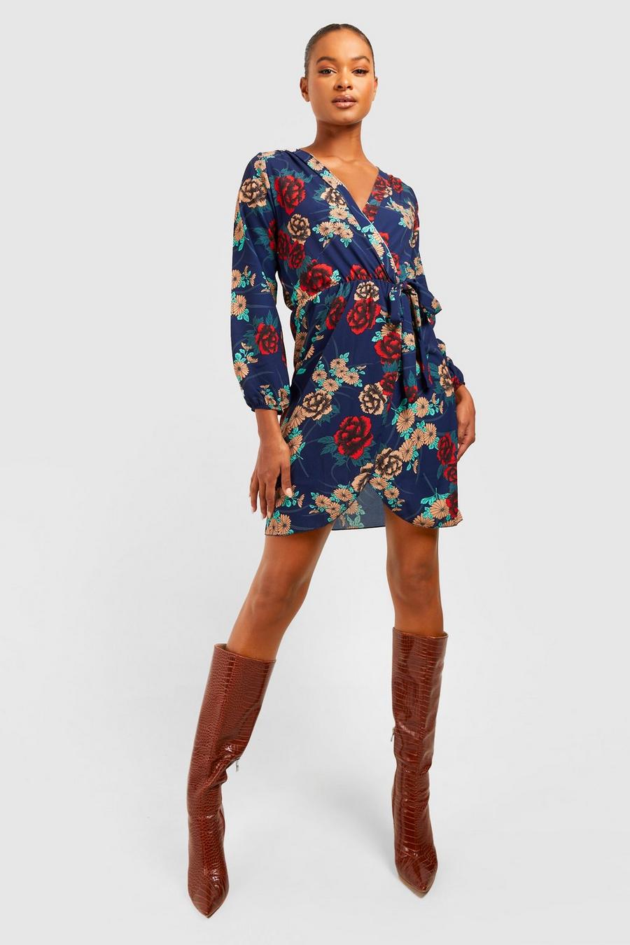 Navy Tall Floral Wrap Mini Dress image number 1