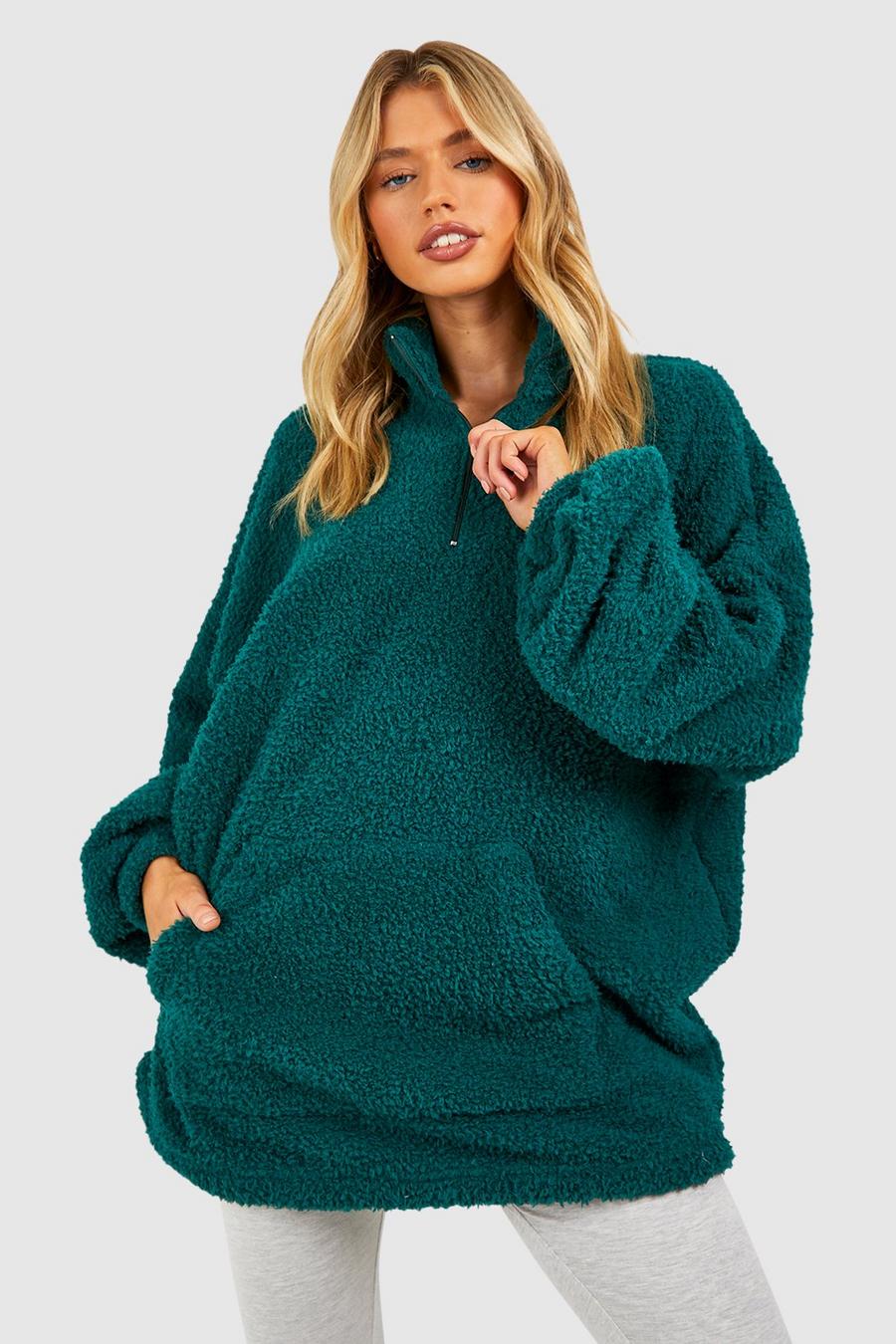 Forest grön Teddy Fleece Half Zip Kangaroo Pocket Sweater
