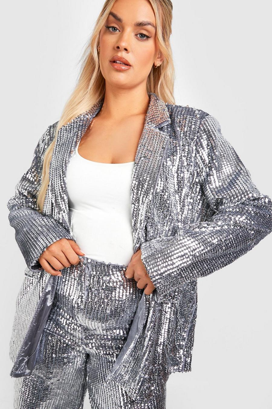 Silver Plus Sequin Relaxed Fit Tailored Blazer image number 1