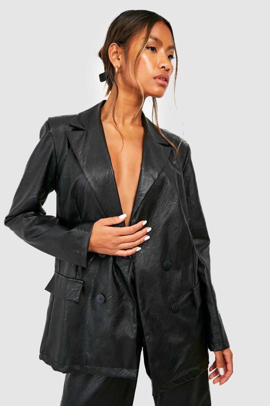 Black Faux Leather Contrast Button Fitted Blazer image number 1
