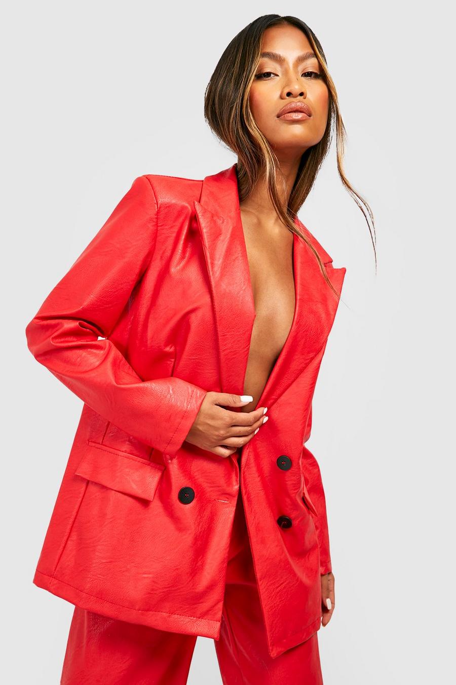 Red Faux Leather Contrast Button Fitted Blazer image number 1