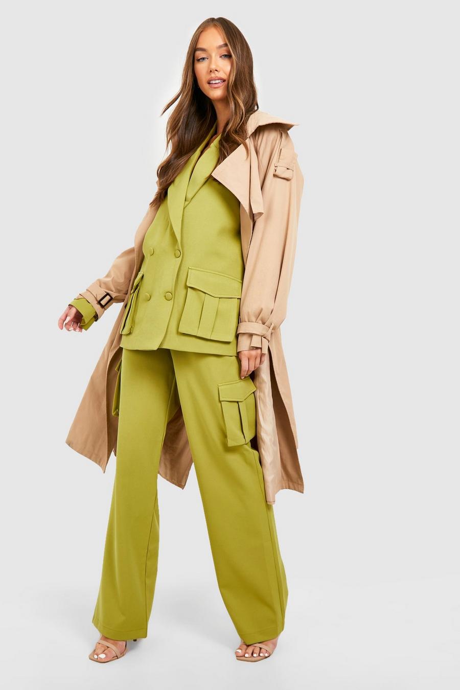 Olive grön Utility Pocket Wide Leg Tailored Trousers 