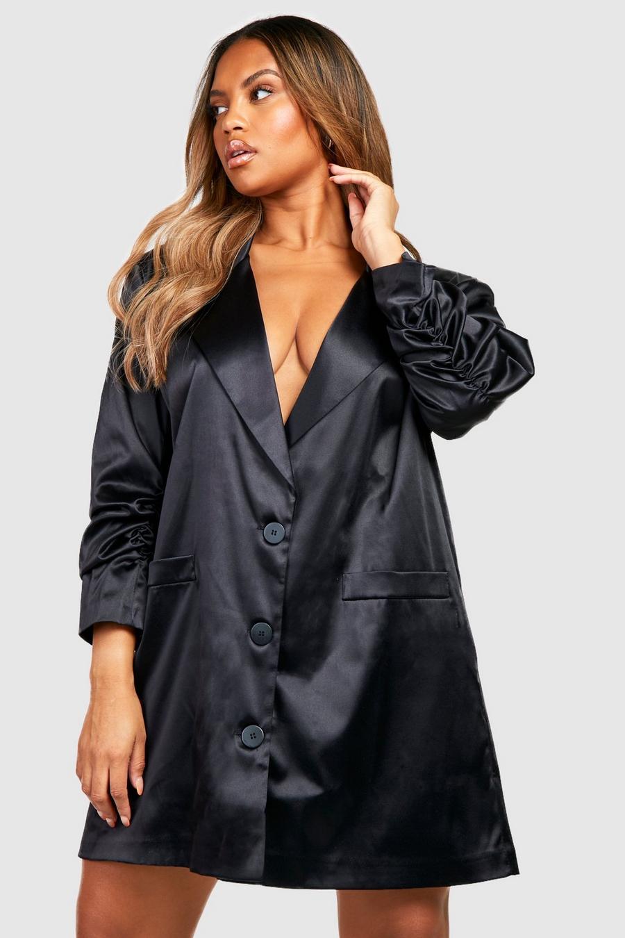 Black Plus Satin Ruched Sleeve Blazer Dress image number 1
