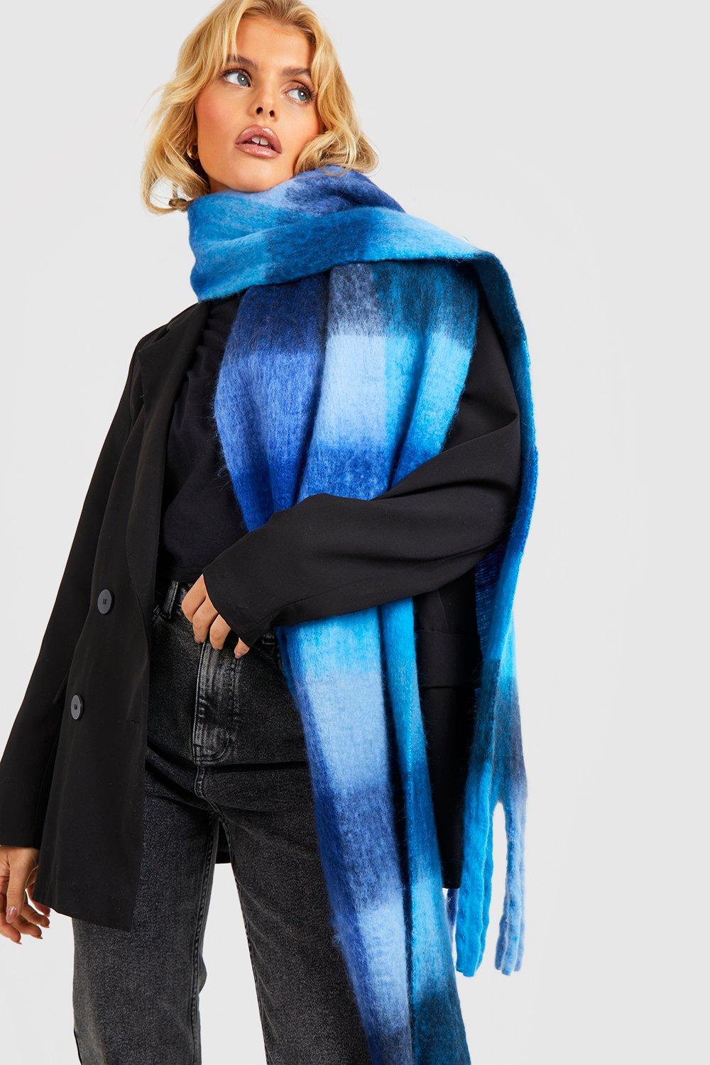 Chunky Blue Check Tassel Scarf